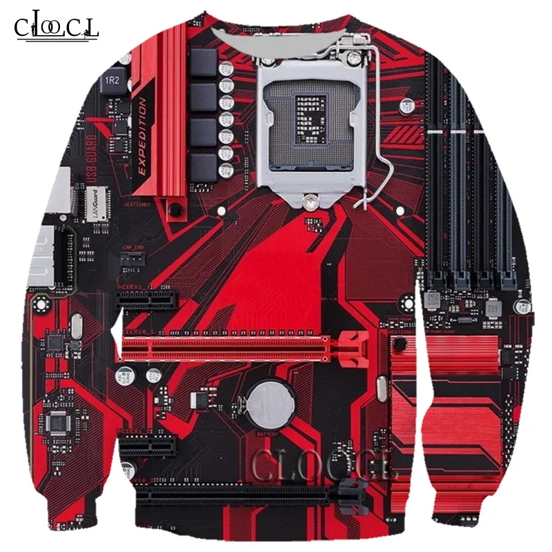 

HX Electronic Chip Print T-shirts Men Women Casual Sweatshirt Unisex Harajuku Hip Hop Autumn Couple Wild Tops