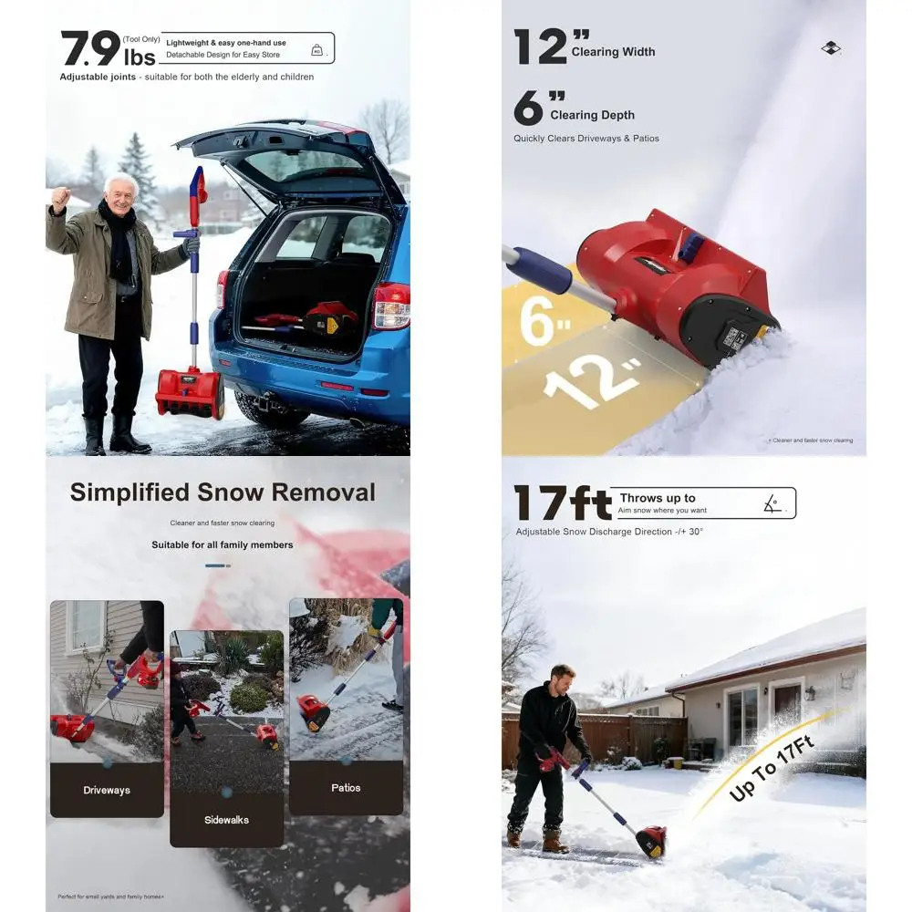 

Cordless 12-Inch Snow Blower for 18V Batteries: Lightweight, Adjustable Chute, Weather-Resistant