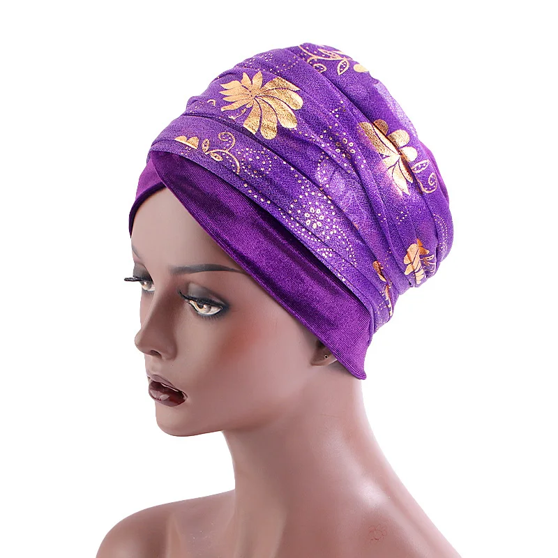 New Women Bronzing print mesh Head Scarf Plain Velvet Hijab Turban Caps Long Tail African Wraps Cap Bonnet Turbante Mujer