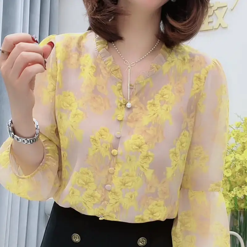 Office Lady Elegant V-Neck Shirt Fashion Folds Spliced Women\'s Clothing Casual Button Long Sleeve Spring Floral Printed Blouse