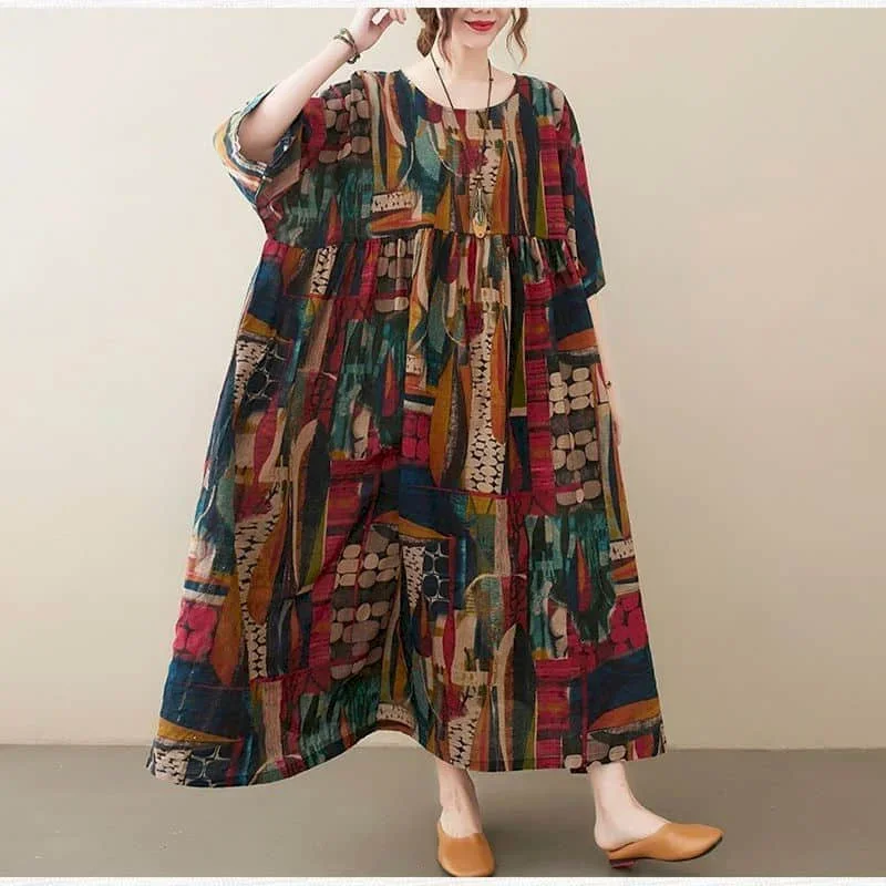فساتين أدبية عتيقة تصميم الأزهار غير الرسمية نصف كم فضفاض س الرقبة الكورية نمط الكاحل طول فستان صيفي ملابس النساء