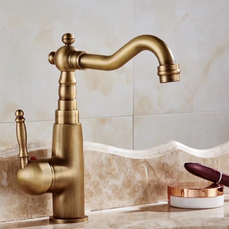 

Antique Brass Bathroom Basin Faucet Swivel Spout Single Handle Hot And Cold Mixer Tap