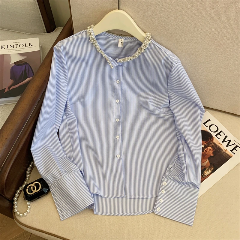 

2024 Spring Striped Neckline Beading Long Sleeve Shirts Women Causal Korean French Style Fashion Slimming Versatile Blouses Tops