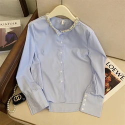 2024 Spring Striped Neckline Beading Long Sleeve Shirts Women Causal Korean French Style Fashion Slimming Versatile Blouses Tops