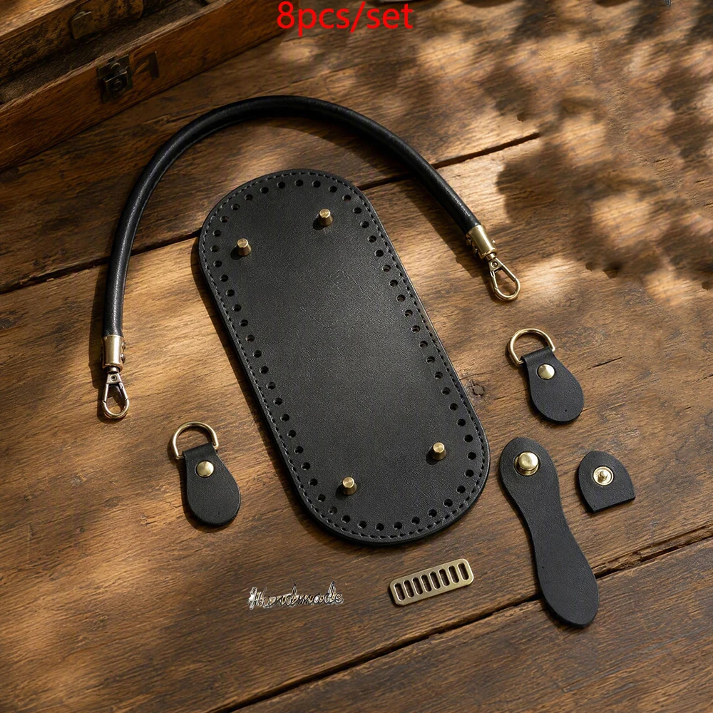 8-Piece Set of Cross-Pattern Pu Leather DIY Handbag Accessories Set, Including Handle, Base Plate, Clasp, Handmade Tag, for DIY Handbag Modification, Yarn Crochet Bag Reinforcement, and Old Bag Handle Replacement and Repair