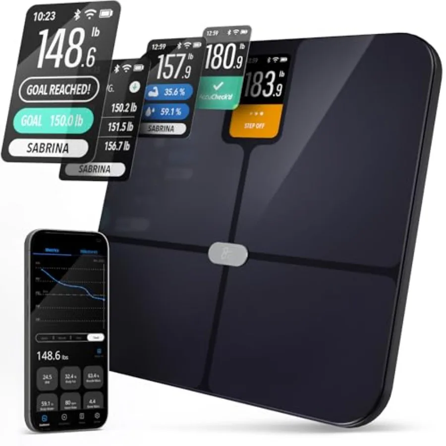 

Smart Scale for home use tempered glass, black, verified accuracy + smart goal-based monitoring via Wi-Fi Bluetooth sync