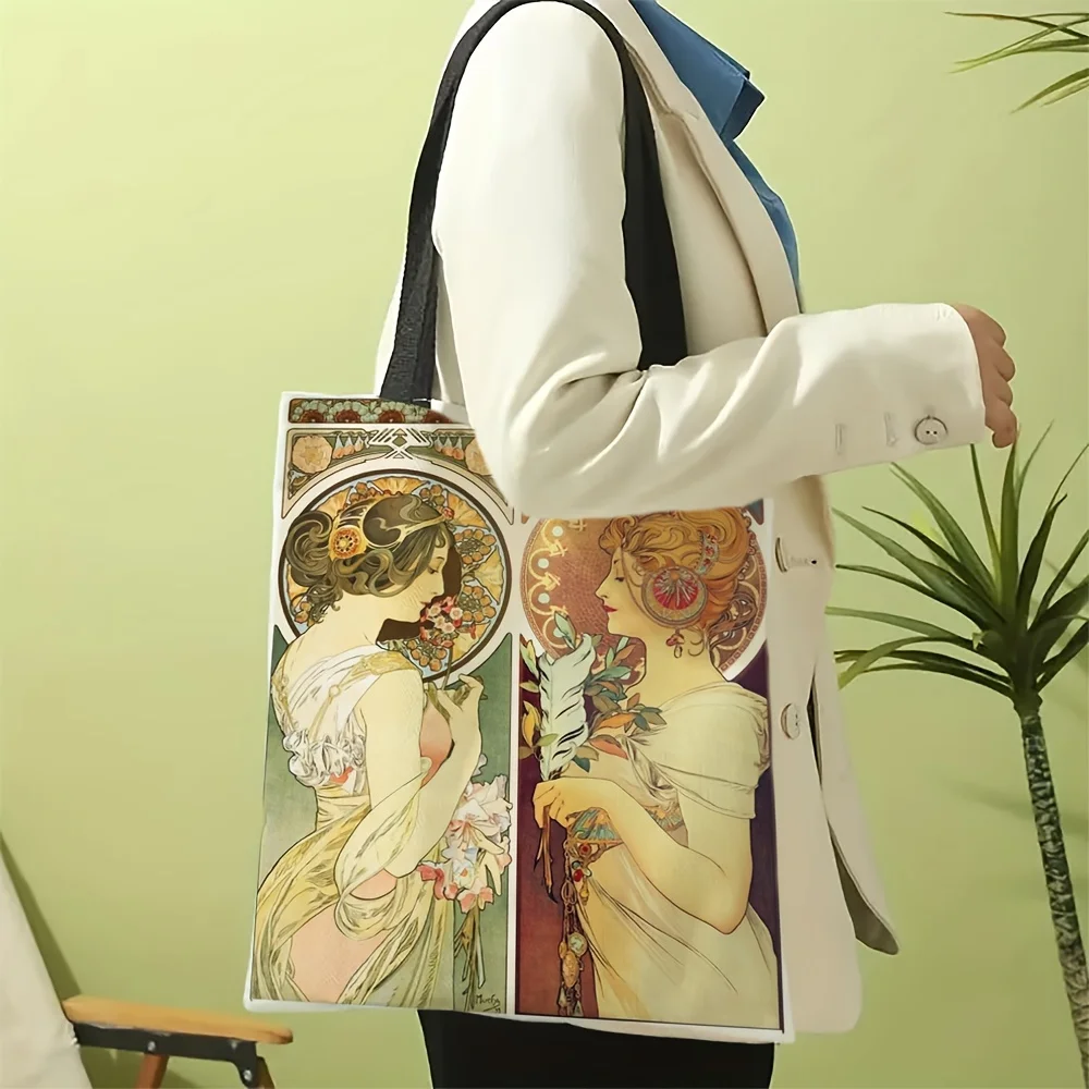 Alphonse Mucha Retro Art Illustration Handbag Shoulder Bag, Versatile Fashion Bag, Daily Casual Shopping Bag