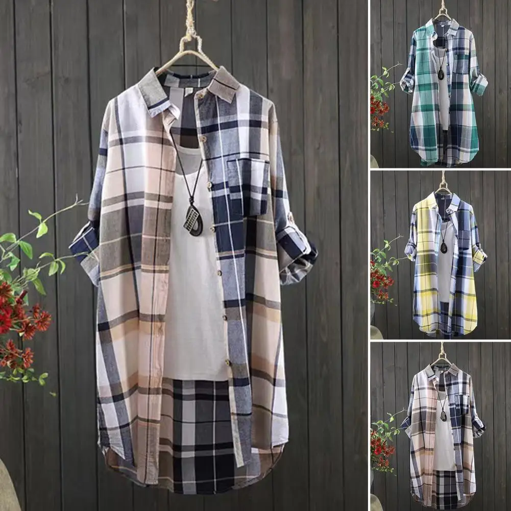 Breathable Women Blouse Colorful Plaid Print Women's Shirt with Pocket Loose Fit Lapel Long Sleeve Mid-length for Women