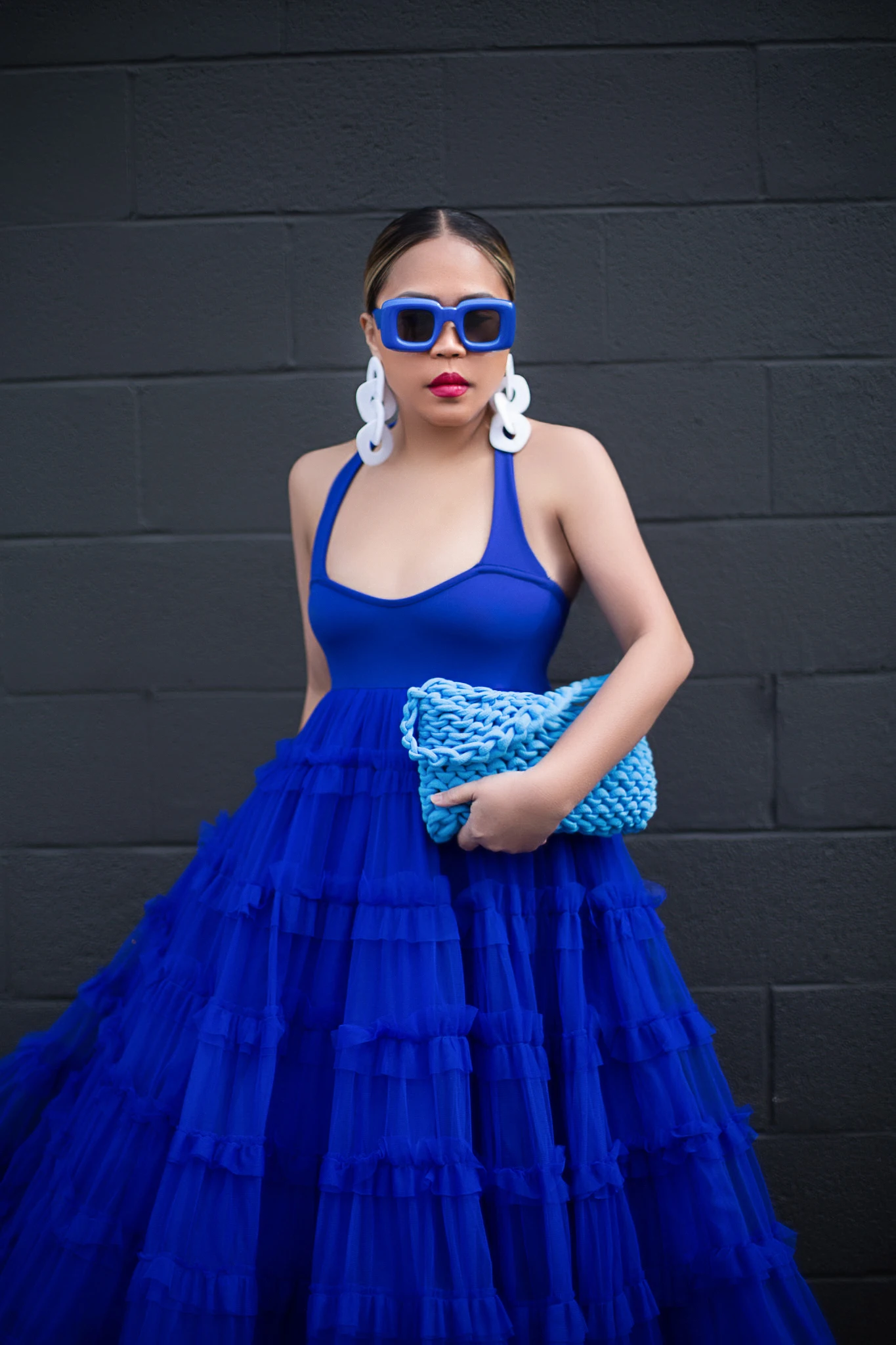Elegante azul real longo tule vestidos femininos com babados detalhes aparados a linha inchado tornozelo comprimento vestido feminino para festa