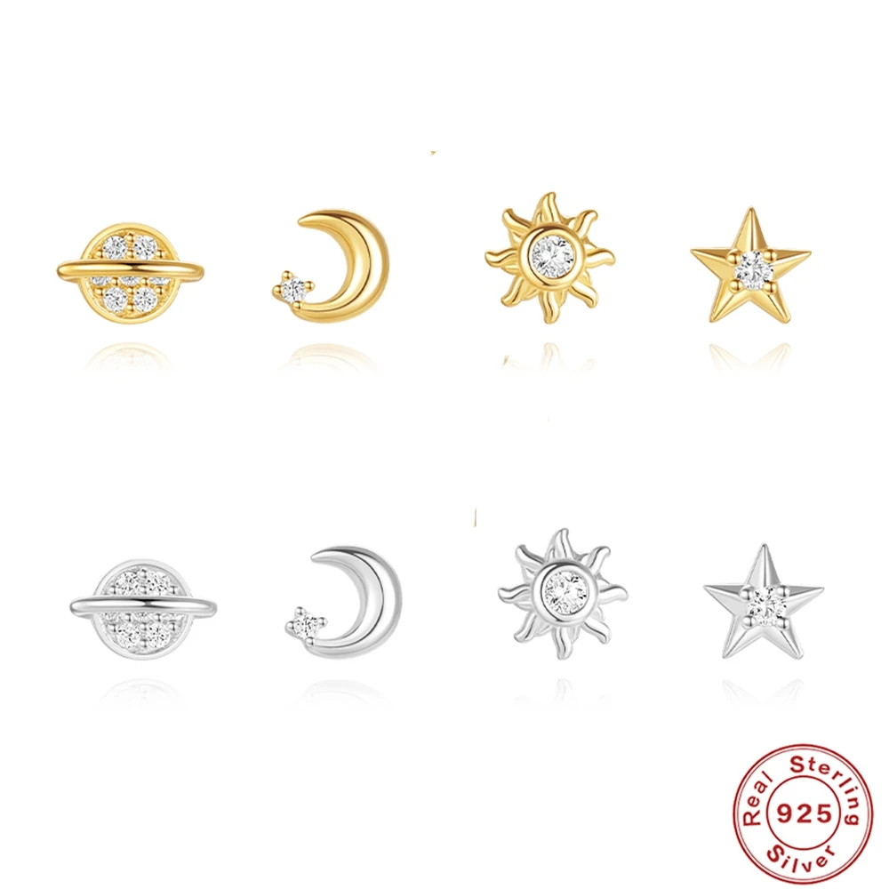 AIDE-Conjunto de 4 Uds de pendientes de plata de ley 925, pendientes de circón con forma de estrella y Luna para mujer, Piercing para hueso del oído, conjunto de joyería Boday