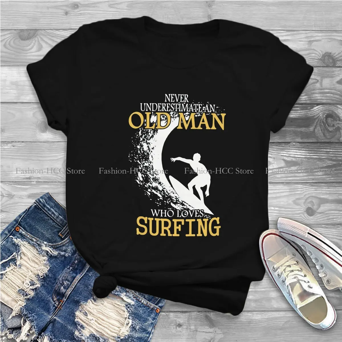 Surfing Old Man Round Collar TShirt Never Underestimate Inspirational Classic Polyester T Shirt Woman's Tops Individuality