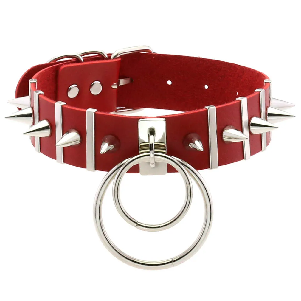 Punk Harajuku Soft girl Rock and roll Exaggeration Rivets Double-ring pendant Multicolored Leather Stainless steel Necklace