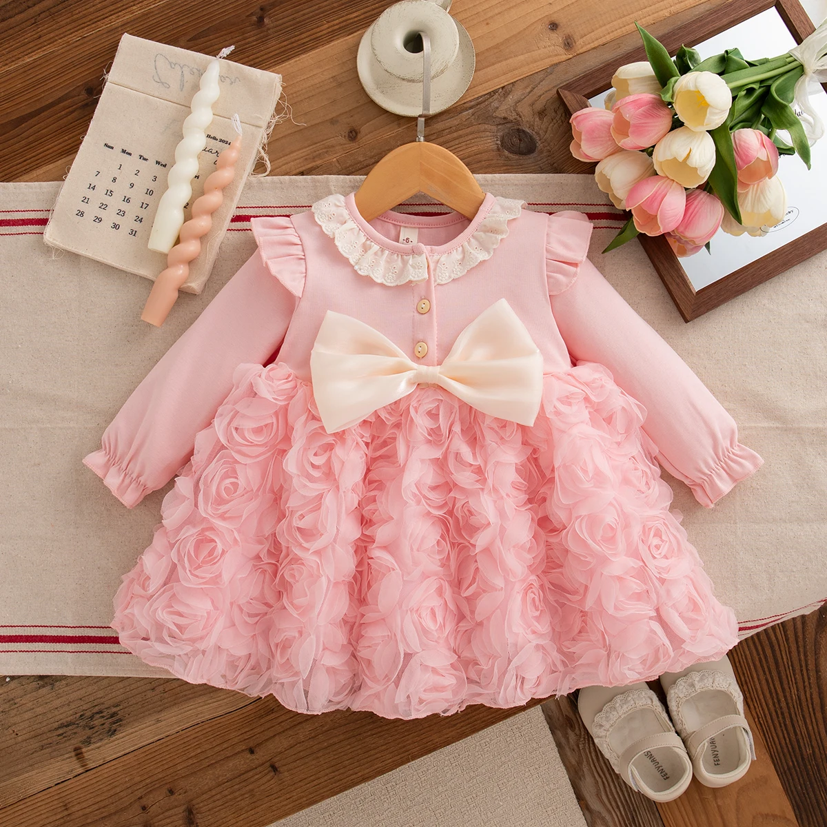 Autumn Baby Girl Sweet Birthday Party Big Bow Fairy Dress Korean Style Trend Lovely Long Sleeved Princess Toddler Dress