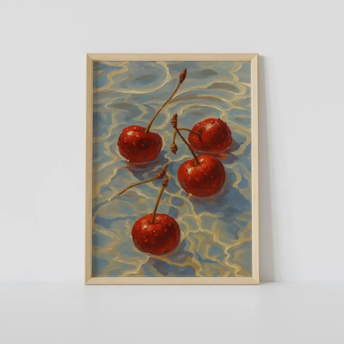 Arte de Parede com Cerejas Flutuantes Serenas - Impressão Impressionista Sonhadora que Evoca a Calma de um Dia de Verão à Beira da Água. O fluido brushstr