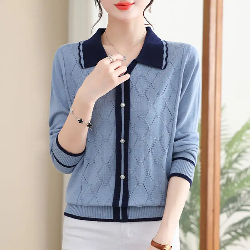 Peter Pan Collar Pullover Sweater Contrast Color Knitted Button Lantern Long Sleeve Women\'s Spring Autumn Screw Thread Tops