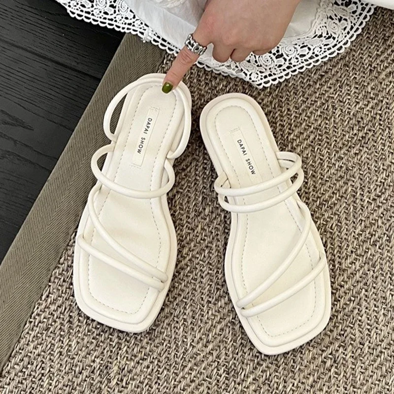 Flats Slippers Women Square Toe Dress Beach Shoes Casual Cozy Sandals New Fashion Slingback Flip Flops Brand Slides Female Shoes