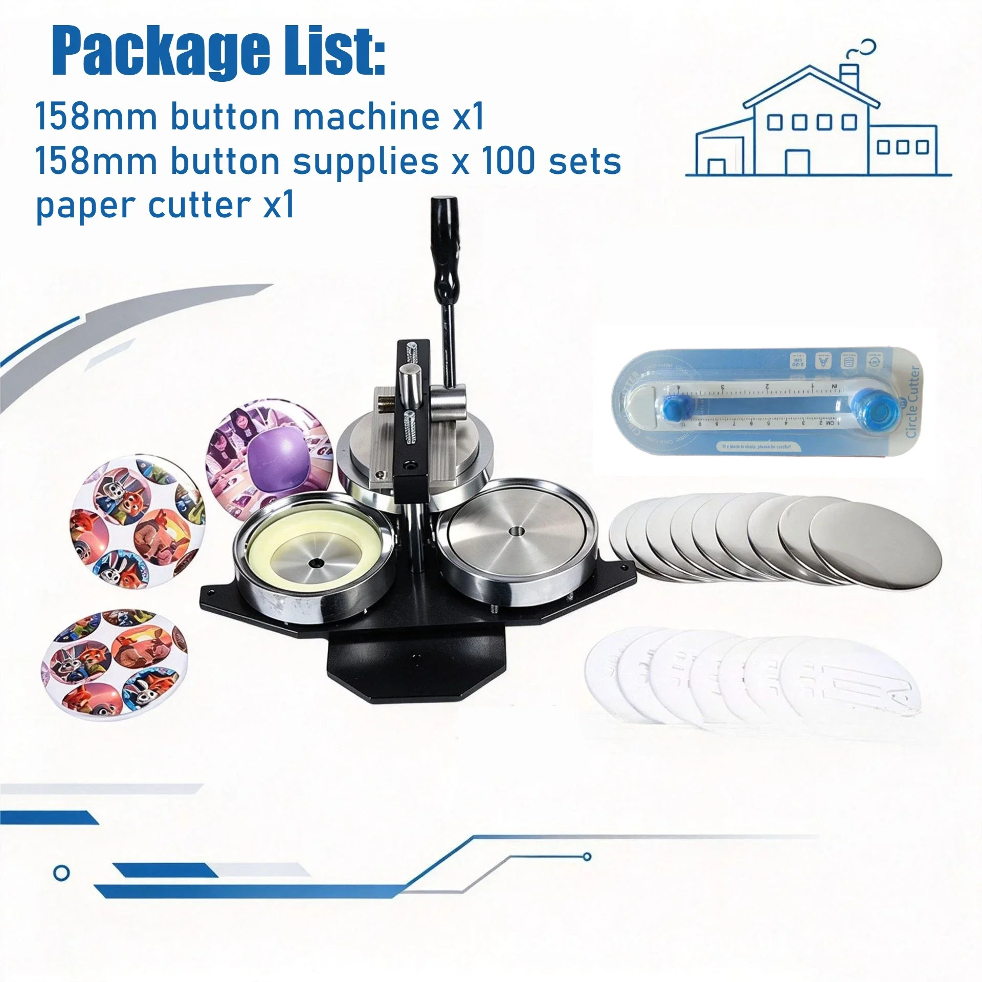 158mm Button Maker Machine Kit Installation-Free DIY Badge Making with 100 Sets Button Supplies