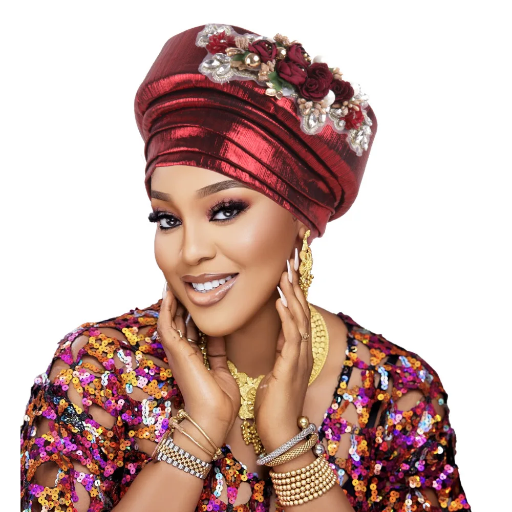 New Beauty Stripe Double Layer Sponge Decor Handmade Stitched Flower Turban Hat, Ethnic Headwrap for AliExpress Cross Border