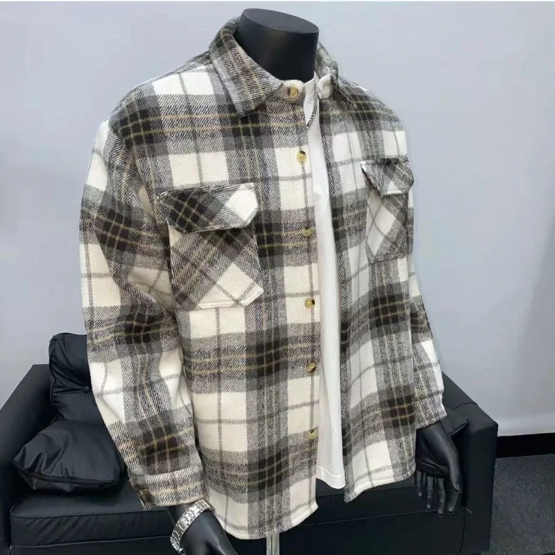 Men's Autumn Winter Fleece Lined Thick Plaid Shirt Jacket Korean Style Trendy Loose Warm Casual Long Sleeve Top