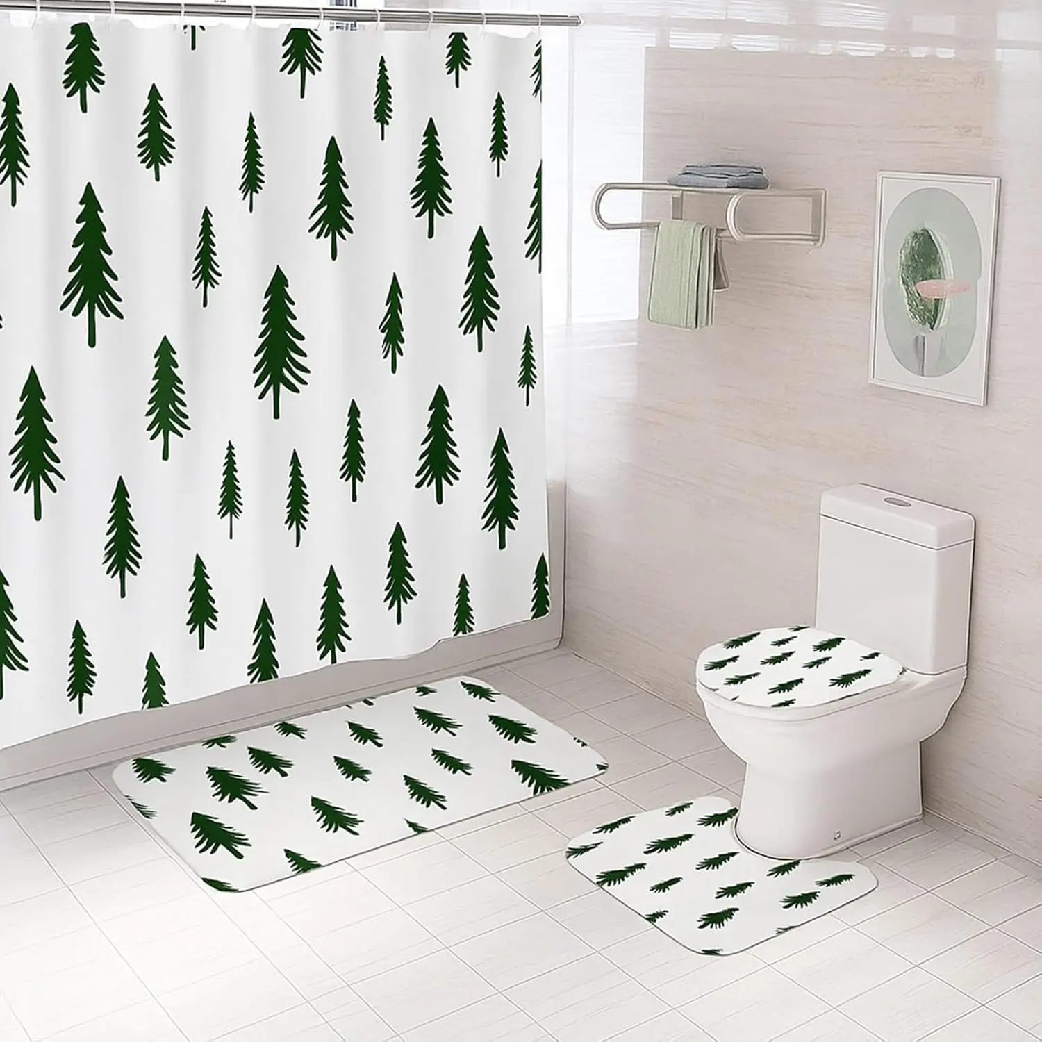 

4 Pcs Christmas Forest Tree Shower Curtain Sets with Non-slip Rugs, Toilet Lid Cover and Non-slip U Shape Bath Mat, Christmas