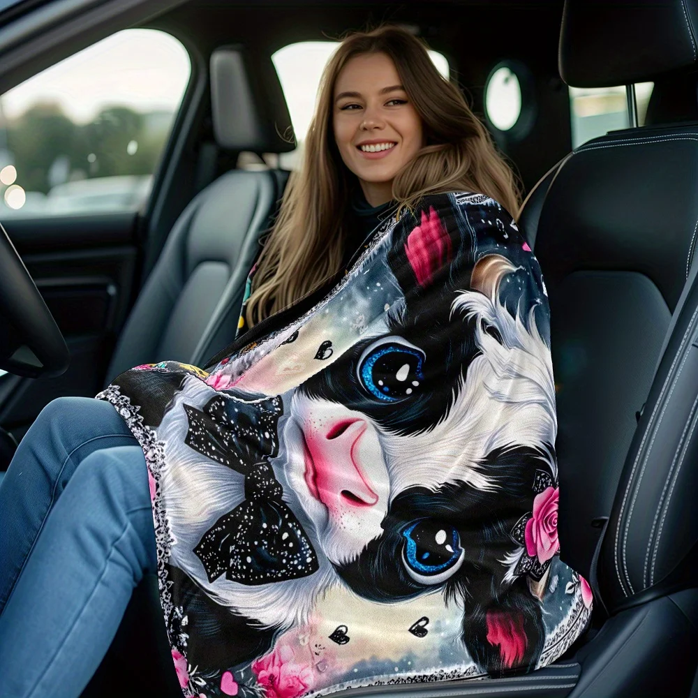 Cute cow with bow tie pink roses floral blanket kawaii animal blanket soft plush blanket for girls bedroom decor gift idea