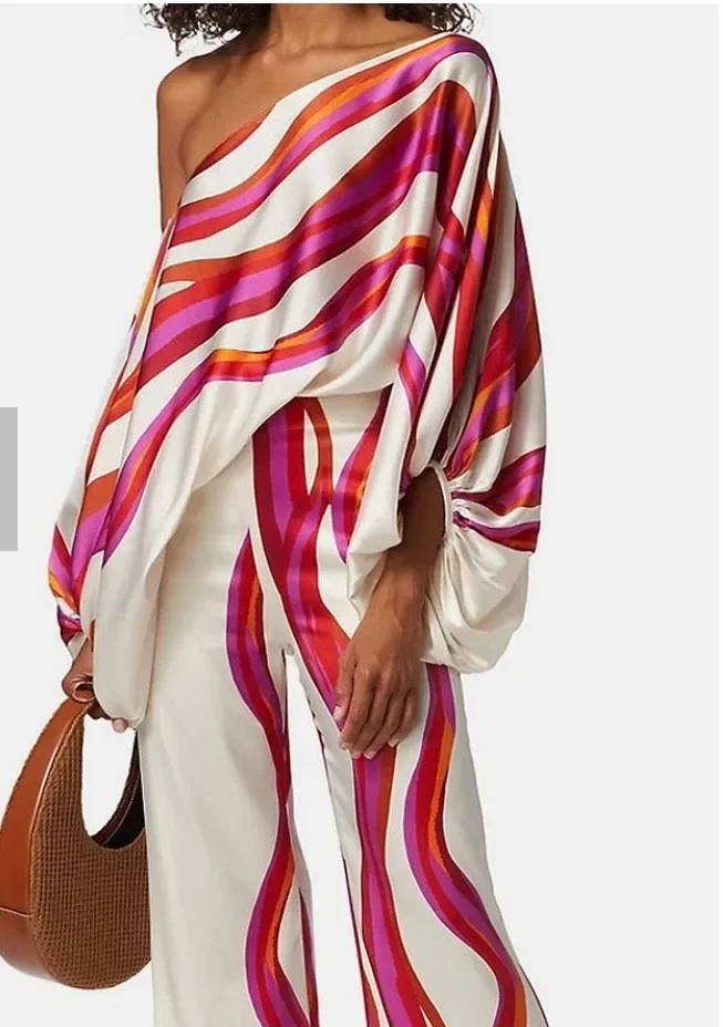 

Pant Sets Two Piece Set Women Y2k Print Lantern Sleeve Satin Top Wide Leg Pant Suit Sexy Off Shoulder Long Sleevee Work Outfit