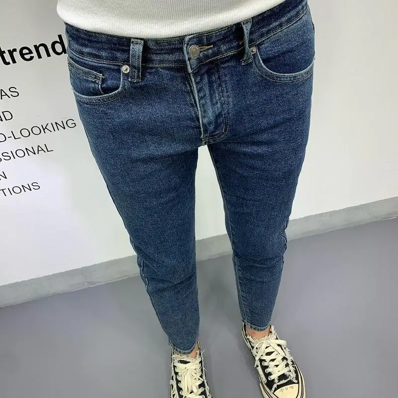 New Men's Slim Denim Jeans Casual Spring and Autumn Stretchy Skinny Pants Korean Style Trendy Cowboy Hip Hop Cropped Trousers