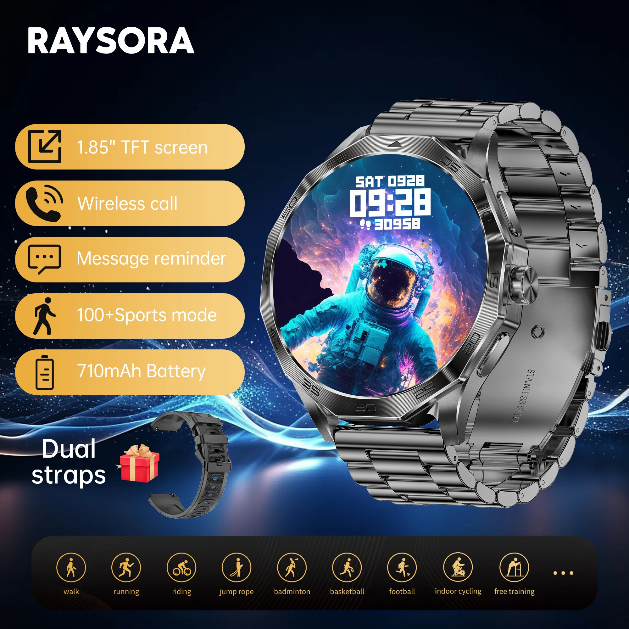 

RAYSORA Men's Sports Smartwatch, 1.85 inch, Wireless Talking, 710mAh, Sleep Monitoring, Sports Tracking, Black, Grey, Silver
