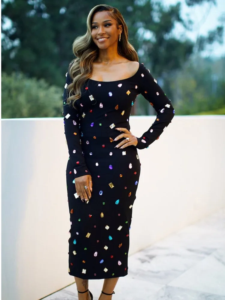 Women Celebrity Sexy Long Sleeve Rhinestone Diamonds Black Midi Bodycon Bandage Dress 2024 Elegant Evening Club Party Dress