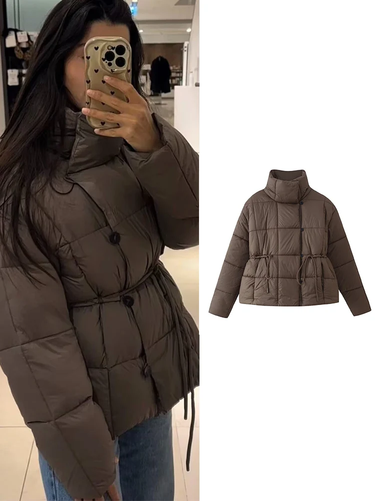 

Women's Solid Outerwears Winter New Fashion Lace-Up Long Sleeve Quilted Jacket Fashion Warm Button Quilted Stand Collar Jacket
