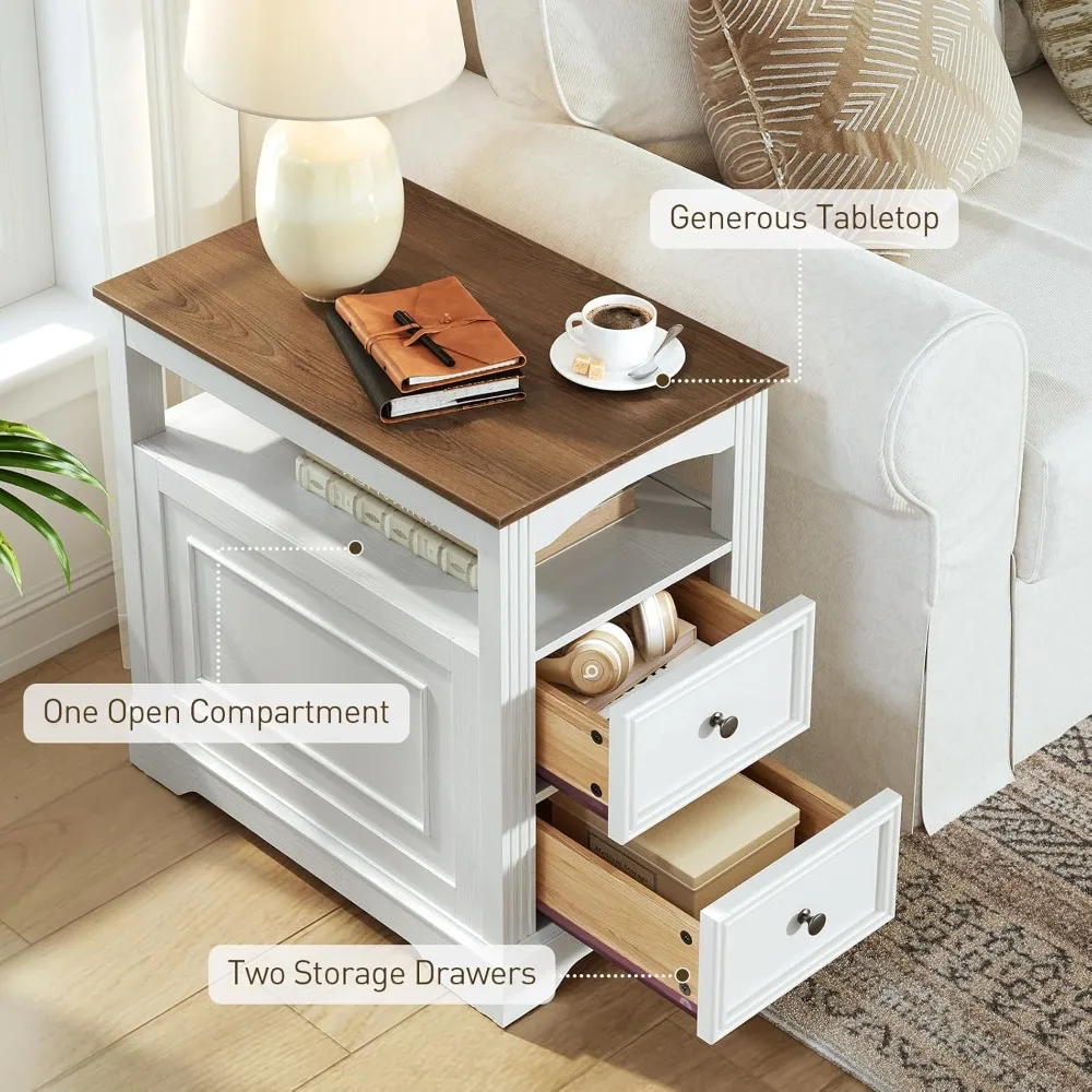 طاولة نهاية المزرعة مع درجين، طاولة جانبية ضيقة للأريكة مع مساحة تخزين ورف مفتوح، منضدة خشبية للمساحات الصغيرة، سرير #4