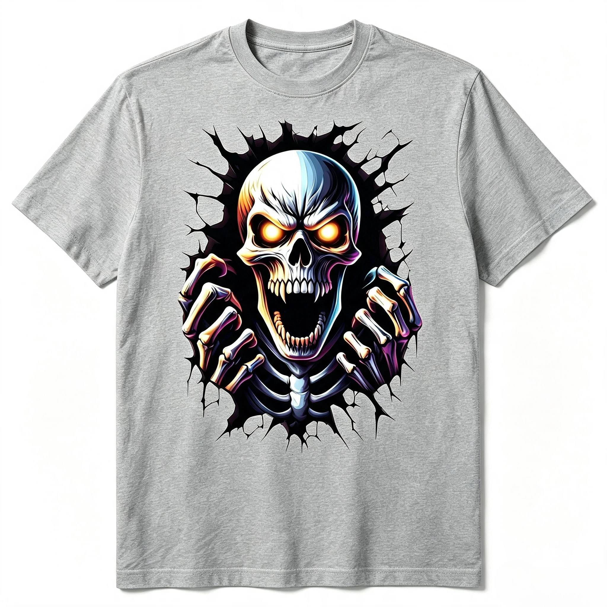 Through Wall Angry Skull Skeleton Art T-shirt Men Women Gothic Halloween Printed Tee Loose Daily Trend Fashion Tops