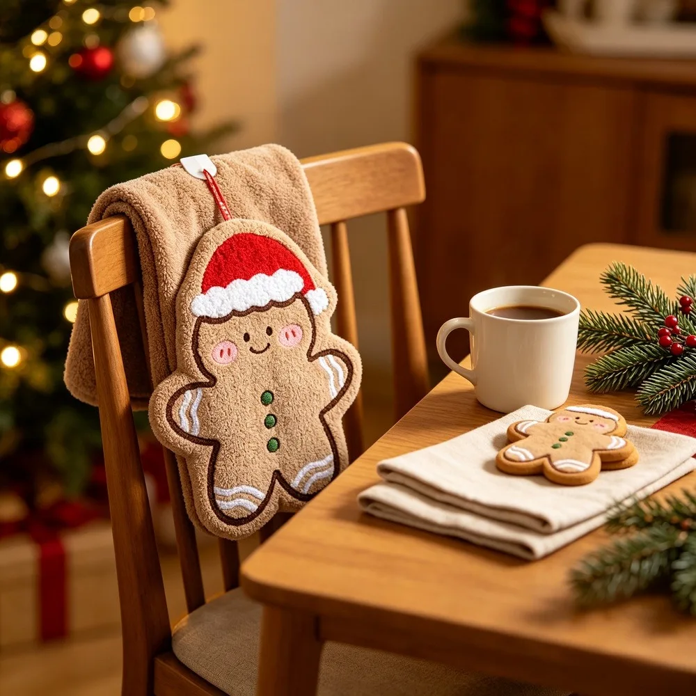 Christmas Gingerbread Man Hanging Hand Towel, Cute Coral Fleece Absorbent Hand Wiping Towel, Decorative Kitchen Bathroom Towel, 1 Piece