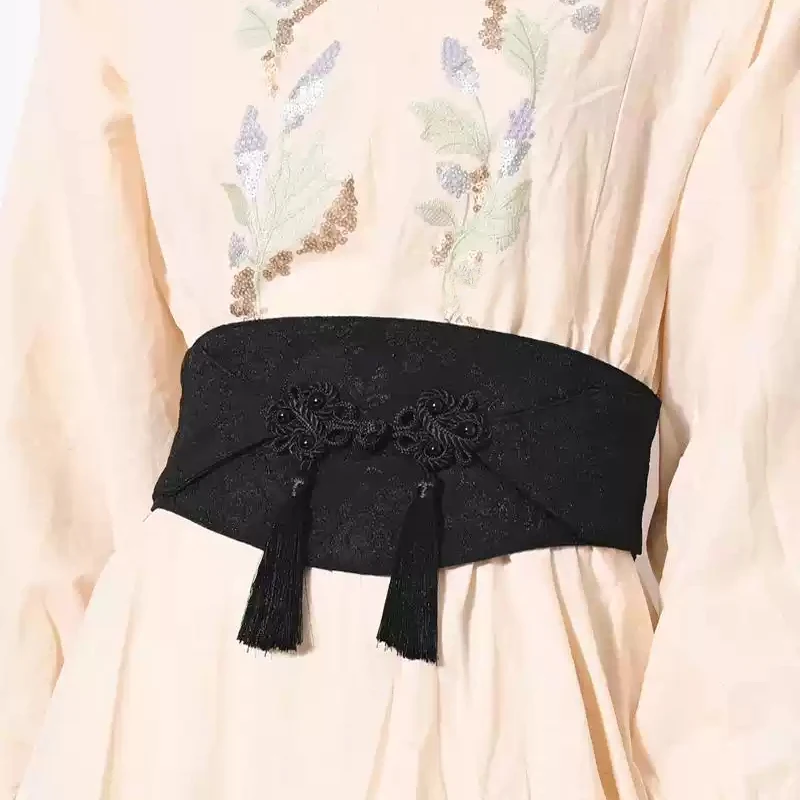 Women Fashion Vintage Black Elastic Tassel Cummerbund Dress Corset Waist Belt Chinese Ancient Costume Hanfu Wide Waistband