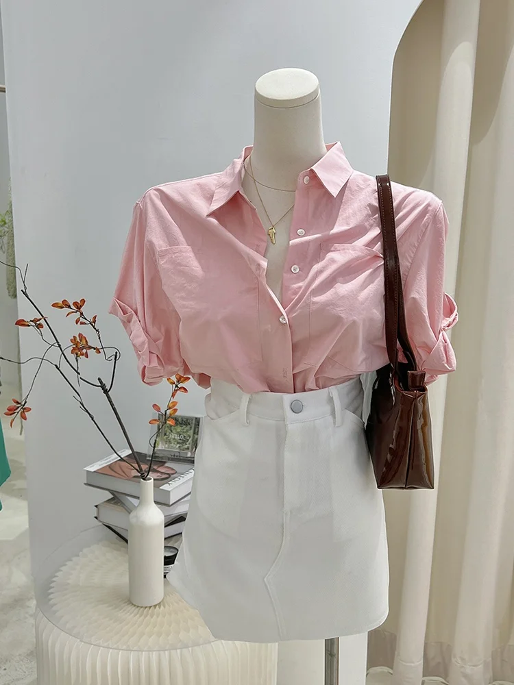 

Pink Cotton Casual Shirt Women's Loose Fit Lightweight Short Sleeve Collar White Shirt Summer Fashion Design Element