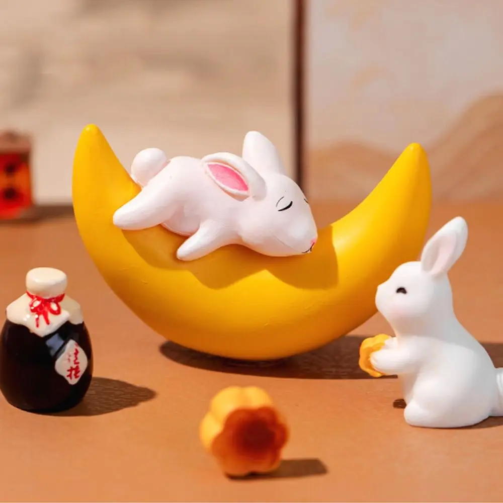 Cute Moon Cake Rabbit Miniatures Realistic Resin Crafts Mid-Autumn Rabbit Ornaments Chinese Style DIY Micro Landscape Decoration