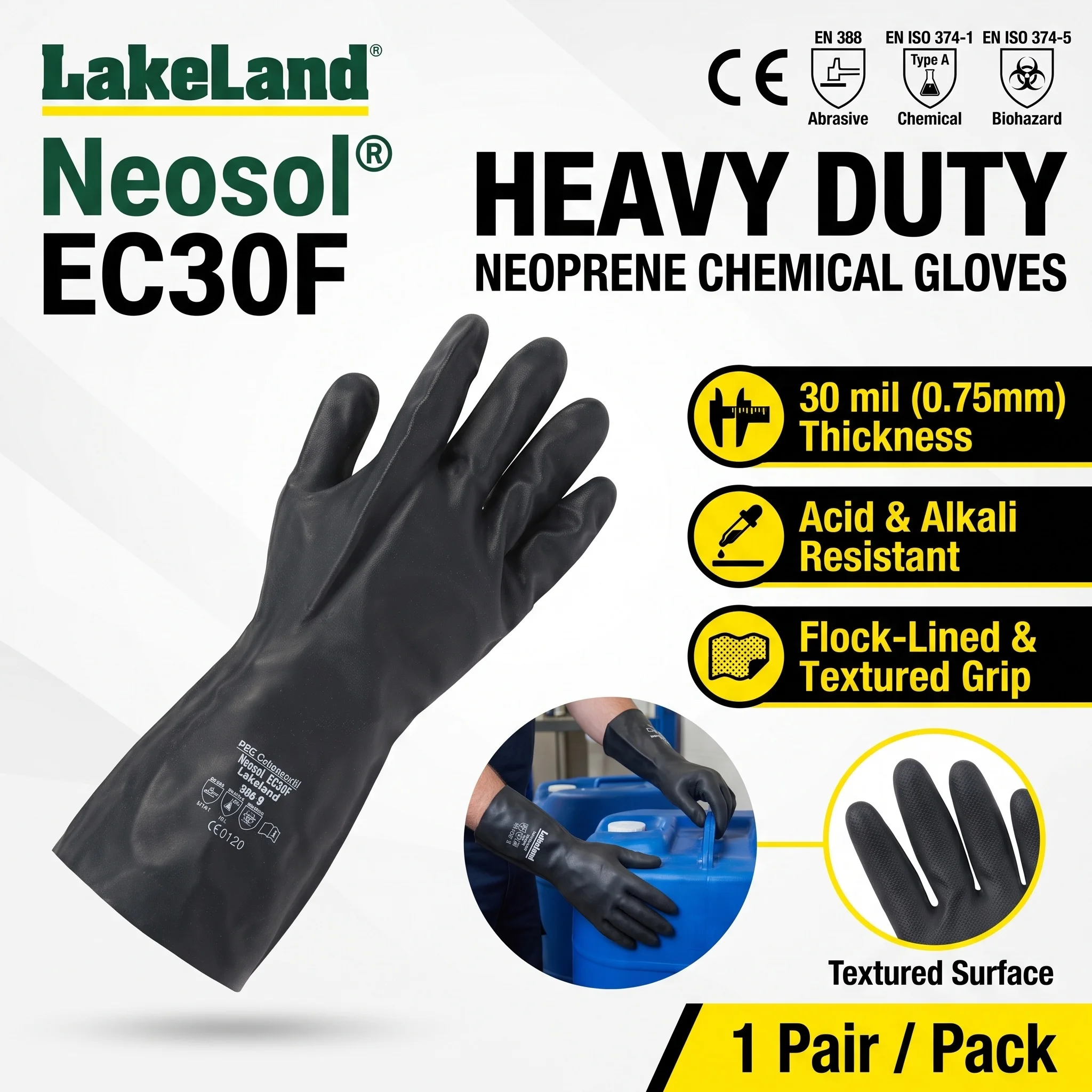 Lakeland EC30F Neoprene Chemical Resistant Gloves Heavy Duty Rubber Safety Work Gloves Waterproof Oil Resistant PPE