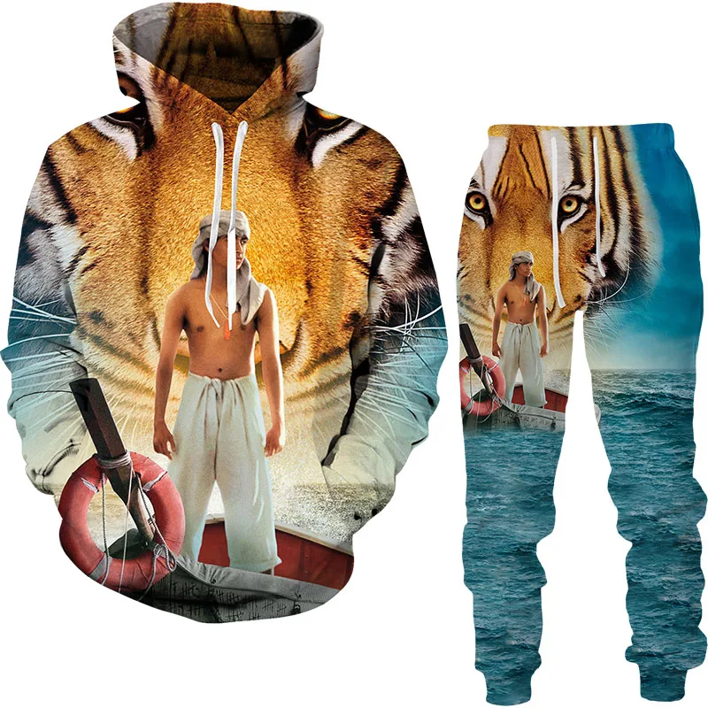 Conjunto de Sudadera con capucha y pantalones para hombre y mujer, chándal informal con estampado 3D de tigre del bosque, ropa de 2 piezas