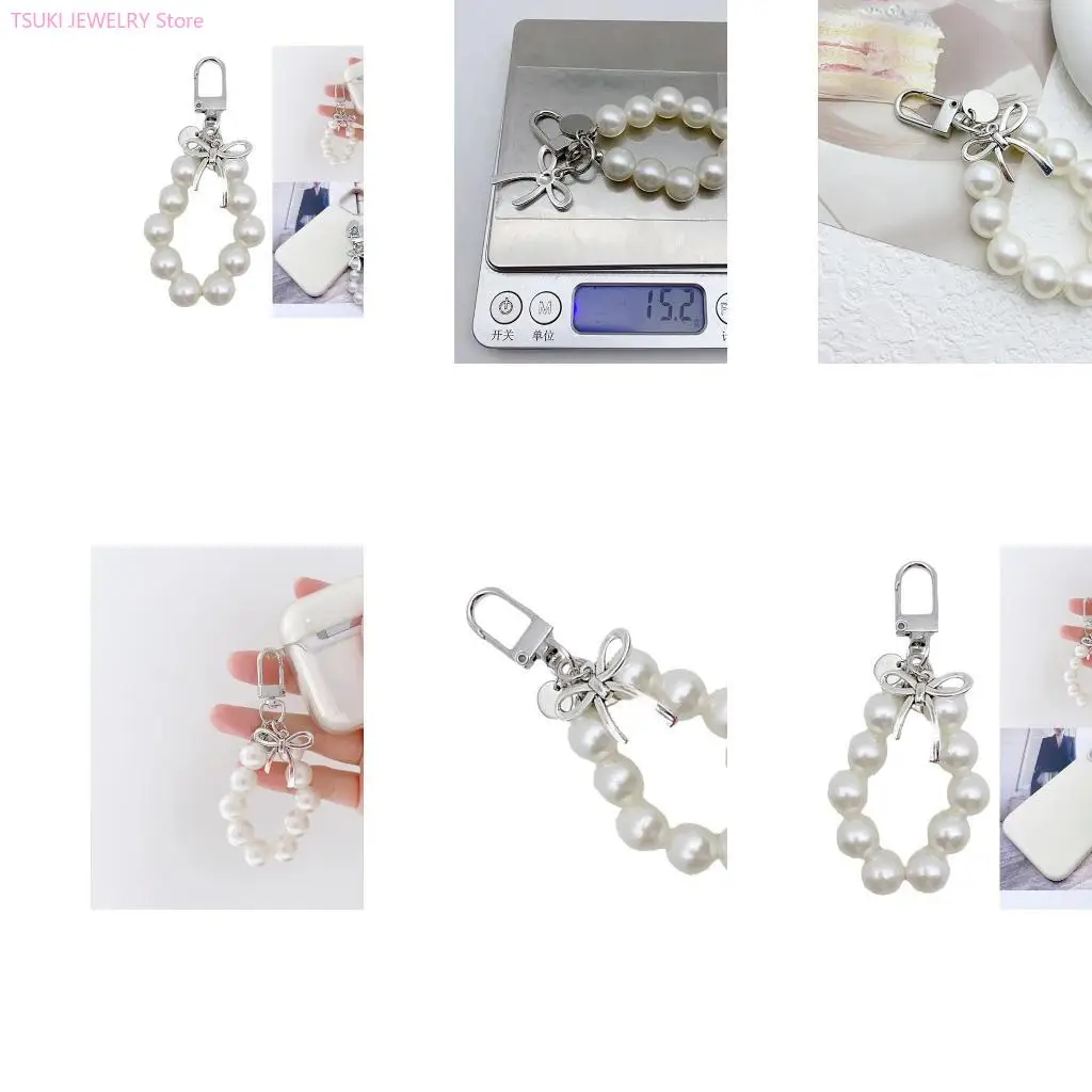 62KE Butterfly Knot Pendant Keychain Pearls Bow Chain Multifunctional Phone Chain