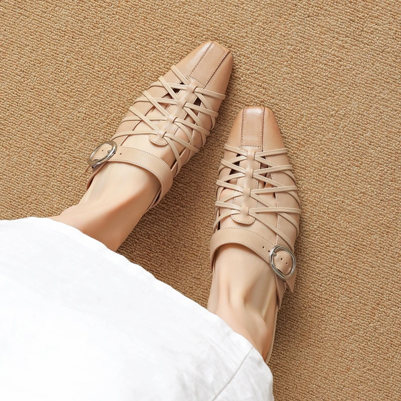 Women's new summer genuine leather cowhide hollow breathable toe cap retro high heels Mueller shoes fashion slippers view 3