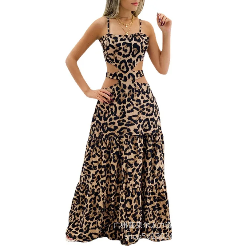 Sling Summer Dresses Women Leopard Long Halter Spring Maxi Party Prom Dress Night High Waist Casual Sexy Elegant Vestidos