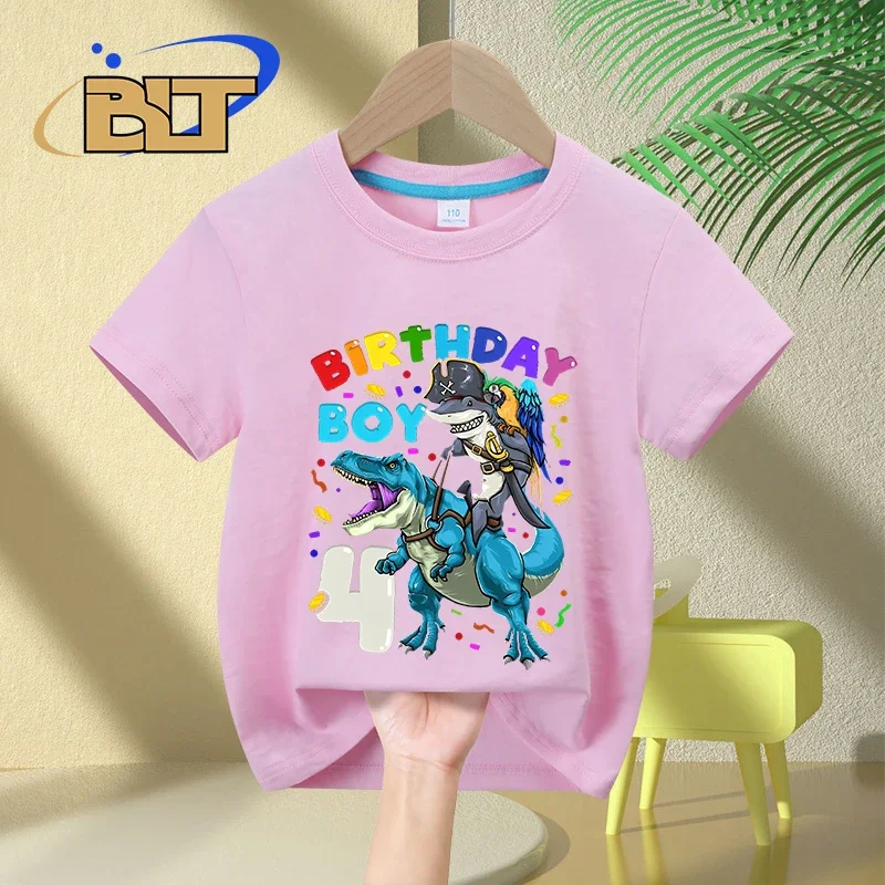 4th Birthday Dinosaur T Rex Shark Print Kids T-shirt Summer Cotton Short Sleeve Boys Girls Birthday Gift