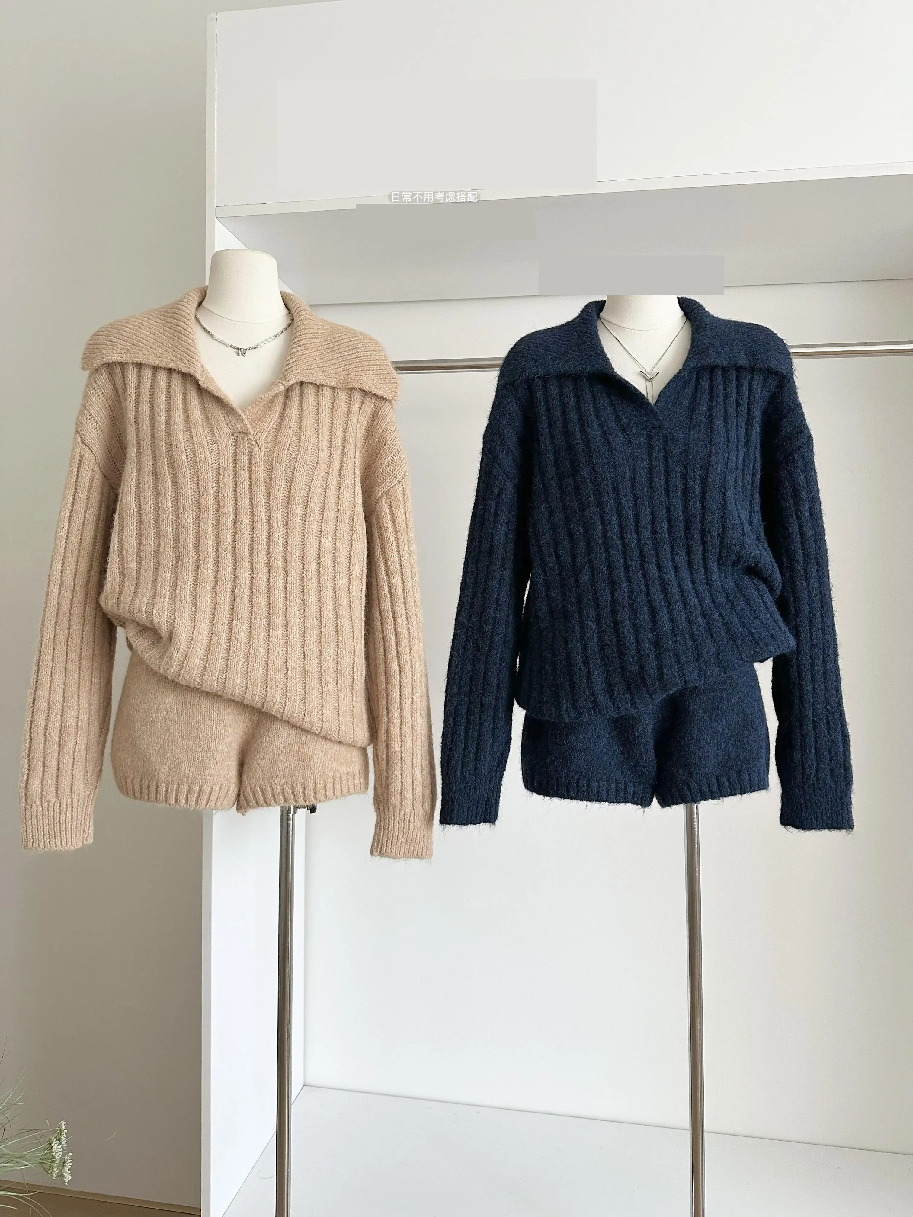 Women's Casual Spring Autumn Two Pieces Knitted Shorts Set Lady Turn Down Collar Long Sleeve Pullover Sweater + Shorts