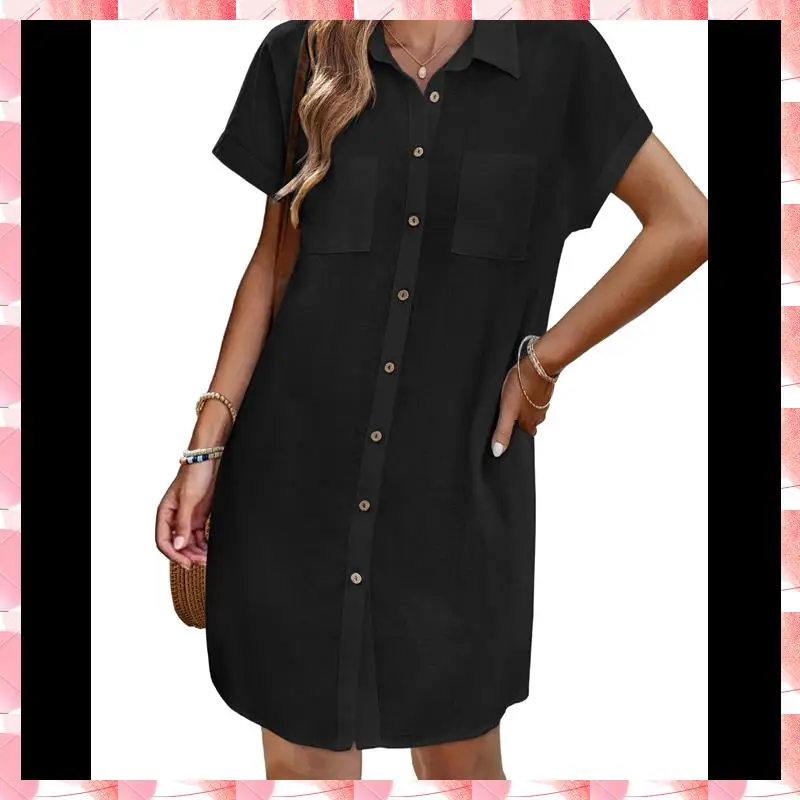 Vestido camisero de cintura suelta de manga corta informal con botones y cuello en V de algodón y lino de verano para mujer