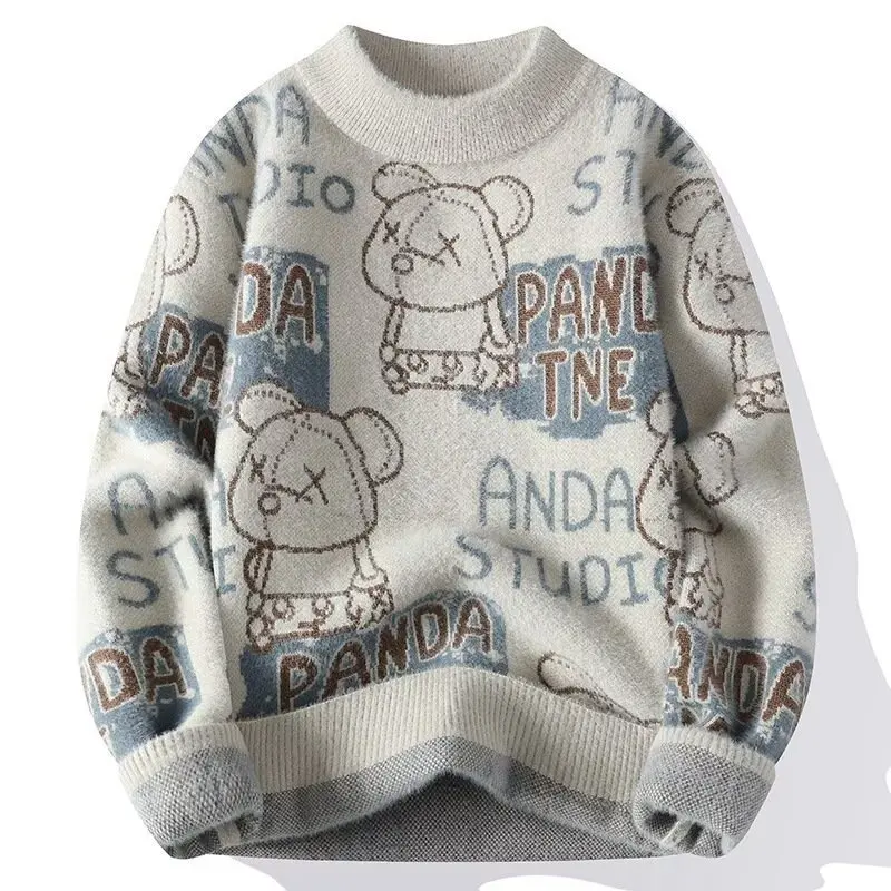 الحجم الأوروبي حجم كبير الدب سترة جاكار سترة الرجال الجولة الرقبة مع بطانة الصوف ملابس داخلية الخريف والشتاء البلوز