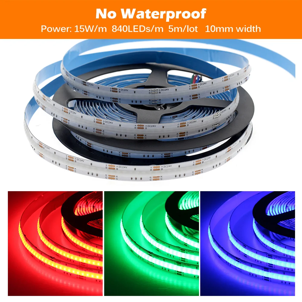 RGB COB LED Strip 840 LEDs 10mm DC12V 24V High Density Flexible IP67 Waterprof Super Brightness 5m/lot.