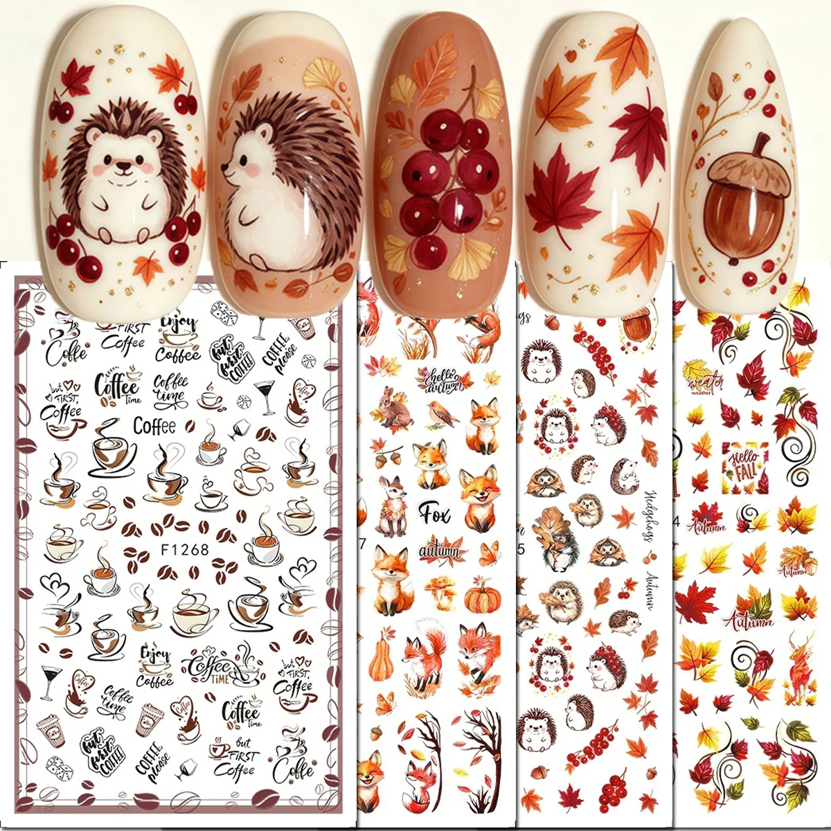 1pcs Autumn Maples Leaf 3d Nail Stickers Pumpkin Pinecone Fox Hedgepig Nail Decals For Nails Tips Decorated DIY