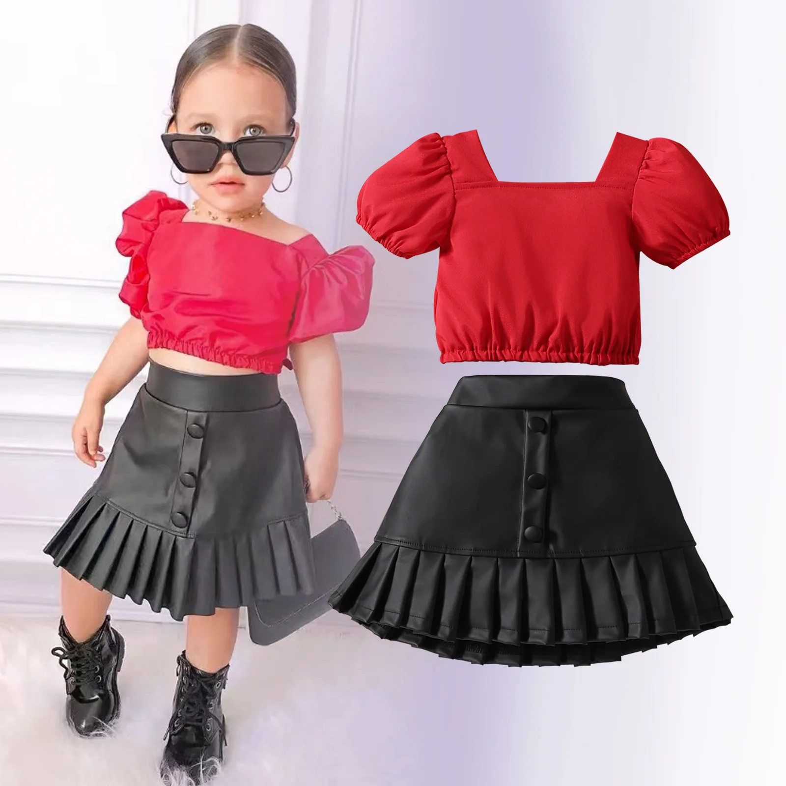 

Summer Girls Clothes Sets Puff Short Sleeve Solid T-shirt Tops + Black Pleated PU Leather Skirt Children's Casual Clothing