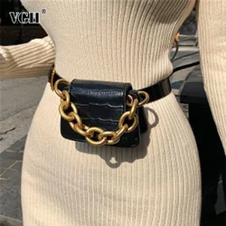 VGH Solid Patchwork Metal Buckle Chain Belt For Women PU Leather Casual Elegant Korean Sashes Female Accessories Fashion Style