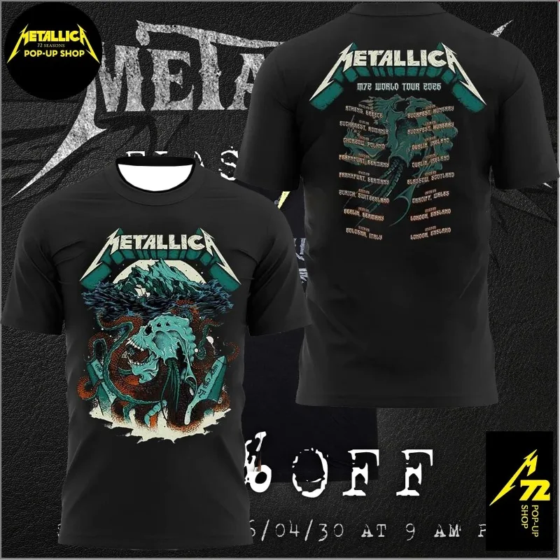 Metallica M72 World Tour 2026 Rock Band T-shirts Kids Horned Skeleton Lightning Graphic V Neck Concert Music Fans Sports Jersey